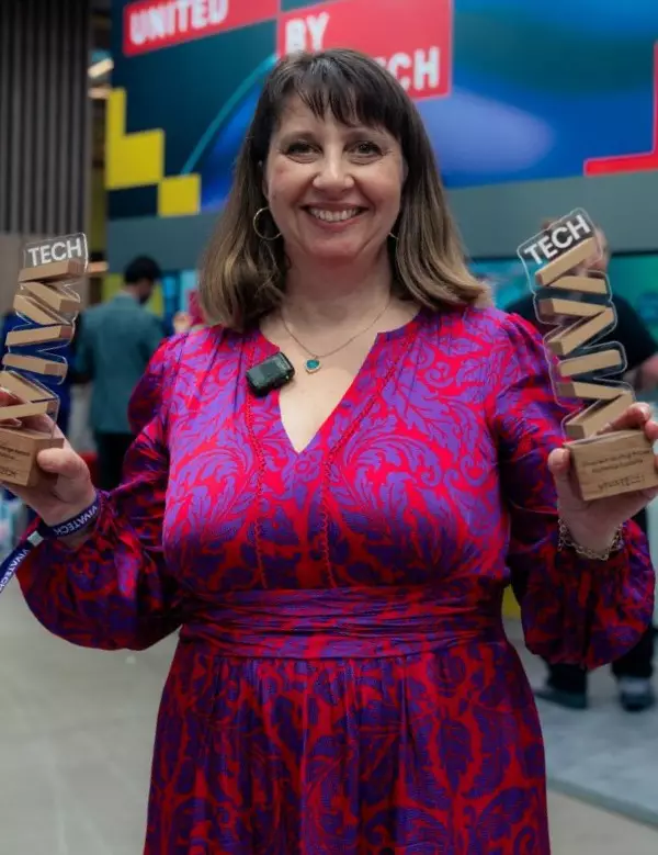 Fanny Giannou CEO of Alithea Bio accepting the VivaTech 2026 Tech for Change Award on Stage One in Paris